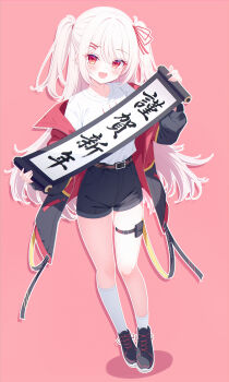 1girl absurdres asymmetrical_legwear belt black_jacket black_shoes black_shorts blush character_request chinese_commentary commentary_request commission full_body grey_hair hair_ornament hair_ribbon hairpin highres holding holding_scroll jacket kneehighs long_hair long_sleeves looking_at_viewer ohako_miyu open_mouth original outline pouch red_background red_eyes red_ribbon ribbon scroll shirt shoes shorts single_kneehigh single_sock smile sneakers socks solo thigh_pouch thigh_strap translation_request two_side_up uneven_legwear very_long_hair white_outline white_shirt white_socks