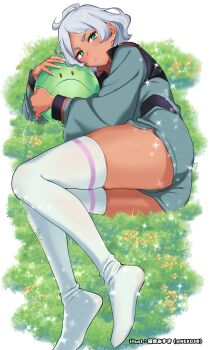 1girl artist_name asticassia_school_uniform blush commentary dark-skinned_female dark_skin field flower fluffy_hair grass green_eyes gundam gundam_suisei_no_majo haro highres looking_at_viewer lying nekomiya_mizuki on_side school_uniform secelia_dote short_hair shorts skindentation striped_clothes striped_thighhighs thick_thighs thighhighs thighs twitter_username white_hair white_nails white_thighhighs
