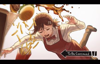 1girl apron brown_hair burger chainsaw_man crying falling fingernails food french_fries hair_ornament hairclip higashiyama_kobeni highres jojo_no_kimyou_na_bouken letterboxed liquid mole mole_under_eye mole_under_mouth multiple_moles open_mouth red_apron red_neckwear soda solo spilling tears teeth to_be_continued tray uniform yuko666