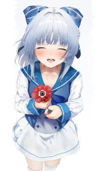 1girl absurdres blue_neckerchief blue_ribbon blue_sailor_collar blue_vest blush closed_eyes collarbone commentary_request commission cowboy_shot crying flower from_above grey_hair hair_ribbon highres holding holding_flower irodorimidori kisaragi_yaya kobotoke_nagi long_hair long_sleeves neckerchief open_mouth red_flower ribbon sailor_collar shirt simple_background skeb_commission skirt solo standing streaming_tears tears teeth thighhighs upper_teeth_only vest white_background white_shirt white_skirt white_thighhighs