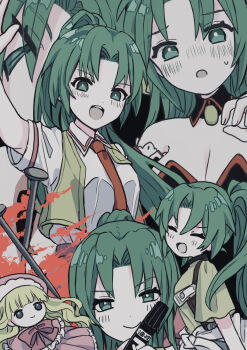 1girl absurdres angel_mort black_leotard blood breasts closed_eyes commentary_request detached_collar doll green_eyes green_hair highres higurashi_no_naku_koro_ni holding holding_marker leotard long_hair looking_at_viewer marker multiple_views n0nalcoh0l nail_(hardware) necktie open_mouth ponytail school_uniform shirt short_sleeves smile sonozaki_mion vest white_shirt yellow_shirt yellow_vest