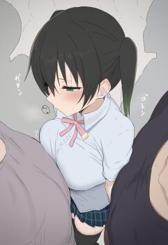 Rule 34 | 1girl, 2boys, absurdres, black hair, black shirt, black skirt, black thighhighs, blush, breast press, breasts, closed mouth, commentary request, crowded, foreshortening, gradient hair, green eyes, green hair, grey shirt, highres, large breasts, love live!, love live! nijigasaki high school idol club, midocchi, multicolored hair, multiple boys, neck ribbon, nijigasaki school uniform, nose blush, people, pink ribbon, pleated skirt, ribbon, school uniform, shirt, short sleeves, skindentation, skirt, standing, sweat, takasaki yu, thighhighs, twintails, white shirt, zettai ryouiki