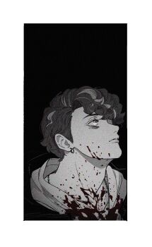 1boy asymmetrical_bangs bags_under_eyes black_background blood blood_on_clothes blood_on_face border commentary earrings film_grain from_side greyscale highres hood hood_down hoodie hoop_earrings hypnosis_mic hypnosis_mic:_rule_the_stage jewelry looking_up male_focus monochrome multicolored_hair necklace negative_space parted_bangs portrait short_hair solo spot_color streaked_hair user_ajrm3578 wavy_hair white_border yagasaki_ibuki