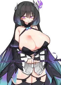 1girl bags_under_eyes bare_shoulders black_dress black_gloves black_hair black_thighhighs blue_hair breasts bursting_breasts cleavage clenched_hand clothing_cutout collar cowboy_shot cuffs diamond_eyes dress earrings energy_weapon fingerless_gloves garter_straps gloves gradient_hair hair_ornament hairclip halterneck highres holding holding_weapon huge_breasts jewelry kim_aendeo long_hair looking_at_viewer mask mole multicolored_hair navel navel_cutout original plump purple_eyes purple_hair sagging_breasts single_glove smile solo thigh_bow thighhighs very_long_hair weapon white_background