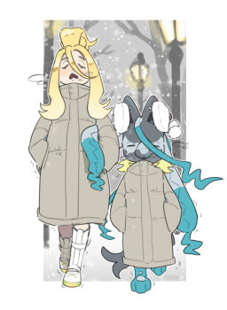 1girl black_fur blonde_hair blue_fur boots closed_eyes clothed_pokemon coat grey_coat hair_between_eyes korrina_(pokemon) lamppost long_hair mega_lucario_z multicolored_fur nintendo open_mouth pokemon pokemon_(creature) pokemon_legends:_z-a ppoppy white_boots