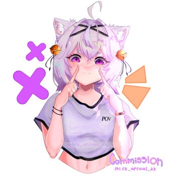 1girl absurdres ahoge animal_ear_fluff animal_ears bell black_ribbon bracelet cat_ears cat_girl closed_mouth clothes_writing commentary commission crop_top cropped_torso english_commentary eyelashes filian_(vtuber) fingers_to_cheeks hair_bell hair_between_eyes hair_intakes hair_ornament hair_ribbon highres indie_virtual_youtuber jewelry lek_apenas_kk midriff navel notice_lines purple_eyes ribbon shirt short_sleeves simple_background smile solo virtual_youtuber watermark white_background white_hair white_shirt