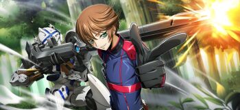 1boy alexander_(code_geass) alexander_type-02 artist_request black_gloves blue_bodysuit bodysuit brown_hair code_geass code_geass:_boukoku_no_akito code_geass:_lost_stories covered_collarbone covered_navel finger_gun firing forest game_cg gloves green_eyes grin gun half-closed_eyes hand_on_own_hip happy highres holding holding_gun holding_weapon looking_at_viewer male_focus mecha muzzle_flash naruse_yukiya nature non-web_source official_art outdoors pointing pointing_at_viewer rifle robot short_hair sidelocks skin_tight smile sniper_rifle solo standing swept_bangs teeth tree two-handed upper_body weapon