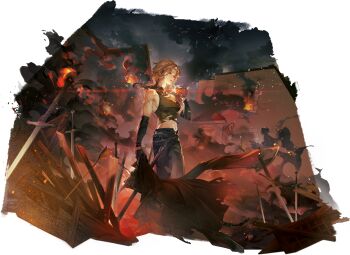 1girl absurdres black_gloves blonde_hair brown_coat burning burning_building coat detached_sleeves embers fire game_cg gloves green_shirt highres holding holding_coat holding_pendant holding_unworn_clothes jewelry medium_hair non-web_source official_art pants pendant planted planted_sword planted_weapon rope_braid scar shirt short_braid sleeveless sleeveless_turtleneck smoke solo sword sword_of_convallaria torn_clothes torn_coat tristan_(sword_of_convallaria) turtleneck unworn_coat weapon yellow_eyes