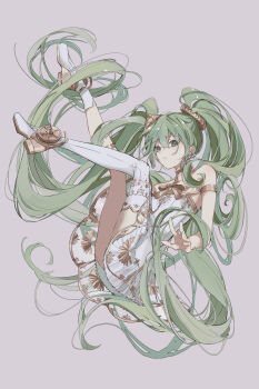 13165075695 1girl absurdres armlet asymmetrical_legwear ballerina breasts dress gold_armlet gramophone_miku green_eyes green_hair grey_background hair_between_eyes hair_ornament hatsune_miku highres jewelry long_hair looking_at_viewer medium_breasts miku_symphony_(vocaloid) official_alternate_costume official_alternate_hairstyle parted_lips simple_background single_thighhigh solo strapless strapless_dress thighhighs tutu twintails very_long_hair vocaloid white_thighhighs