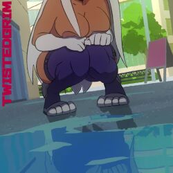 1girl animated big_breasts boku_no_hero_academia breasts brown_areola city dark-skinned_female dark_areolae dark_nipples dark_skin female_focus highres large_areolae long_hair mirko naked_footwear nipples nude outdoors public_indecency public_nudity pussy shounen_jump solo spread_legs squatting tagme thighhighs thighs twistedgrim uncensored video water white_hair