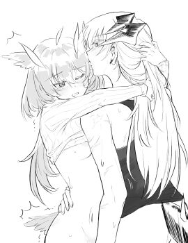 2girls absurdres animal_ears arknights arms_around_neck bird_ears bird_tail blush bottomless breasts clothes_lift commentary dragon_horns dragon_tail fingering greyscale hand_on_another&#039;s_waist highres horns kiss kissing_forehead long_hair medium_breasts monochrome multiple_girls nipples open_mouth rotem_02 saria_(arknights) silence_(arknights) sweater sweater_lift tail tank_top yuri