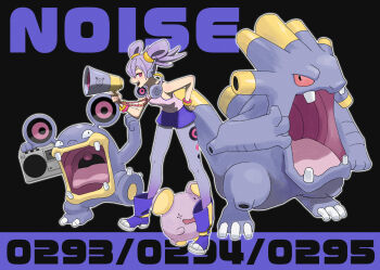 1girl boombox boots bracelet commentary_request english_text evolutionary_line exploud eyelashes full_body gen_3_pokemon hand_on_own_hip hatsune_miku headphones headphones_around_neck headset hitoyoshi_pri holding holding_boombox holding_megaphone jewelry loudred megaphone nintendo nostrils open_mouth outline pantyhose pink_eyes pink_tank_top pokedex_number pokemon pokemon_(creature) project_voltage purple_boots purple_hair purple_pantyhose purple_shorts shorts smile standing standing_on_one_leg tank_top teeth upper_teeth_only uvula vocaloid whismur white_outline