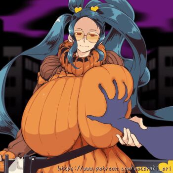 1boy 1girl :o animated animated_gif blush breasts breasts_out closed_eyes clothes_grab grabbing_another's_breast grabbing_from_behind green_hair groping hataraki_ari horns huge_breasts long_hair molestation open_clothes open_mouth original smile sunglasses