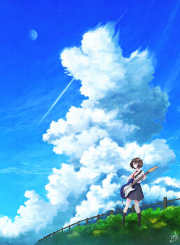 1girl absurdres aircraft airplane artist_name black_skirt black_socks blue_sky brown_hair cloud cloudy_sky collared_shirt commentary_request contrail day electric_guitar fence field full_moon guitar highres holding holding_guitar holding_instrument instrument kneehighs legs_apart long_sleeves moon necktie original outdoors red_necktie scenery shirt shirt_tucked_in short_hair signature skirt sky smile socks solo sou_otoya63 standing white_shirt wide_shot wooden_fence