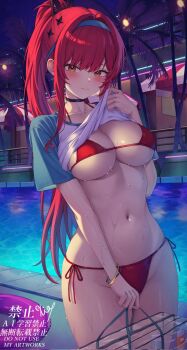 1girl aqua_hairband bikini black_choker blush breasts choker cleavage clothes_lift commentary_request cowboy_shot goddess_of_victory:_nikke hairband halterneck highres large_breasts lifting_own_clothes long_hair looking_at_viewer navel official_alternate_design outdoors ponytail poolside rapi_(nikke) rapi_(red_hood)_(red_flavor)_(nikke) red_bikini red_eyes red_hair shirt shirt_lift side-tie_bikini_bottom solo stomach swimsuit wet wet_clothes wet_shirt xia_0328