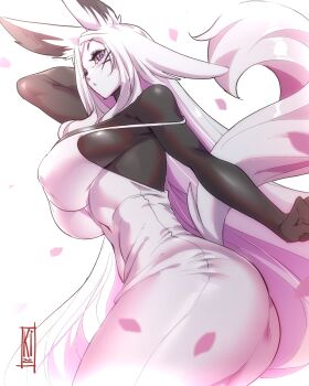 1girl :o absurdres animal_ears arm_behind_head artist_name ass black_bodysuit bodysuit breasts cowboy_shot dress dyarikku_(vtuber) facial_mark fox_ears fox_girl hair_over_one_eye highres indie_virtual_youtuber large_breasts long_hair nisego one_eye_closed purple_background purple_eyes see-through_silhouette sideboob simple_background skin_tight solo standing tail tight_clothes very_long_hair virtual_youtuber vyugen x_(symbol) x_facial_mark