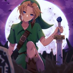 Rule 34 | asaba ichi, blonde hair, blue eyes, boots, brown footwear, full moon, green tunic, highres, hylian shield, leather, leather boots, link, looking at viewer, moon, night, night sky, nintendo, phrygian cap, shield, sky, the legend of zelda, the legend of zelda: majora&#039;s mask, tunic, young link