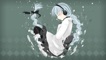 Rule 34 | 1girl, argyle background, back bow, boots, bow, braid, closed eyes, commentary request, earmuffs, from side, full body, green background, hair bow, hand on own chest, head down, highres, jacket, katai uji, knees up, long hair, long sleeves, pantyhose, profile, sekka yufu, skirt, solo, utau, very long hair