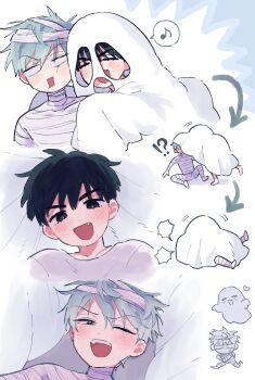 !? 2boys alien_stage arrow_(symbol) bandages black_eyes blank_eyes commentary_request eighth_note fang ghost_costume green_eyes halloween heart highres ivan_(alien_stage) male_focus multiple_boys mummy_costume musical_note open_mouth spoken_musical_note till_(alien_stage) wata_gumo259