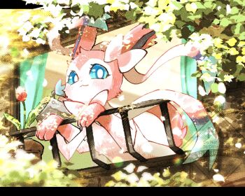 animal_focus blue_eyes blush commentary_request curtains flower gen_6_pokemon highres leaf naoto_(shion) nintendo no_humans pokemon pokemon_(creature) pokemon_focus smile solo sylveon watering_can window
