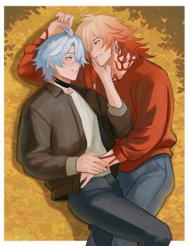 2boys absurdres antenna_hair black_choker black_jacket blazingstrife blonde_hair blue_eyes blush braid choker commentary denim english_commentary facial_tattoo gradient_hair highres honkai:_star_rail honkai_(series) jacket jeans lying male_focus medium_hair multicolored_hair multiple_boys mydei_(honkai:_star_rail) neck_tattoo on_ground open_clothes open_jacket pants parted_bangs phainon_(honkai:_star_rail) red_hair red_sweater red_tattoo shirt short_hair side_braid sweater tattoo white_hair white_shirt yaoi yellow_eyes