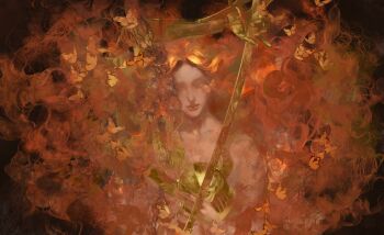 1girl absurdres black_background bug butterfly commentary elden_ring floating_hair golden_sword hair_over_eyes helmet highres holding holding_sword holding_weapon insect long_hair malenia_blade_of_miquella malenia_goddess_of_rot mechanical_arms prosthesis prosthetic_arm red_hair reinrice single_mechanical_arm solo sword symbol-only_commentary too_many too_many_butterflies unworn_headwear unworn_helmet upper_body very_long_hair weapon winged_helmet