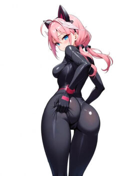 1girl ahoge animal_ears ass black_bodysuit black_gloves blue_eyes blush bodysuit breasts cat_ears closed_mouth covered_navel fake_animal_ears from_behind gloves grabbing_own_ass hair_between_eyes hair_ornament hand_on_own_ass huge_ass ichi-jirushi indie_virtual_youtuber latex latex_bodysuit long_hair looking_at_viewer looking_back low_twintails multiple_views non-web_source pink_hair sakurada_hane simple_background skin_tight skindentation small_breasts smile spread_ass standing thigh_gap twintails white_background wing_hair_ornament