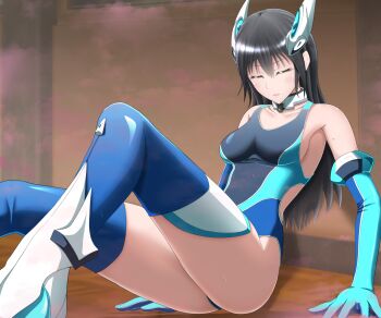 1girl armpits black_hair blue_gloves blue_one-piece_swimsuit blue_thighhighs boots breasts closed_eyes collarbone commentary_request competition_swimsuit elbow_gloves gloves hair_between_eyes headgear highleg highres hyu-ryona kisoe_mitsuki kyoukai_hishou_celestite leotard long_hair magical_girl medium_breasts on_floor one-piece_swimsuit parted_lips sideboob sitting solo sweat swimsuit thigh_boots thighhighs thighs unconscious