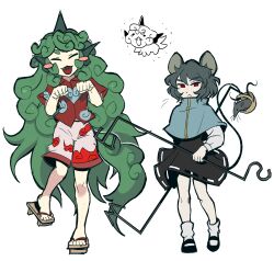Rule 34 | 2girls, :&lt;, animal ears, basket, black footwear, blue capelet, blush stickers, capelet, closed eyes, closed mouth, cloud print, commentary, curly hair, dowsing rod, dress, expressionless, fangs, full body, geta, grey dress, grey hair, grey horns, highres, horns, kariyushi shirt, komano aunn, komano aunn (komainu), long hair, long sleeves, looking at viewer, mary janes, mouse (animal), mouse ears, mouse girl, mouse tail, multiple girls, nazrin, open mouth, paw pose, pink shorts, red eyes, red shirt, shirt, shoes, short hair, shorts, simple background, single horn, smile, socks, standing, symbol-only commentary, taco touhou, tail, touhou, unfinished dream of all living ghost, very long hair, white background, white socks