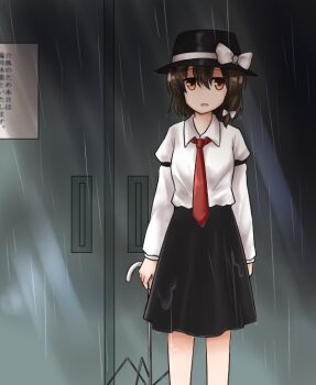 1girl arm_garter black_hat black_skirt bow bowtie breasts brown_eyes brown_hair hair_between_eyes hat hat_bow holding holding_umbrella koto_(shiberia39) long_sleeves necktie open_mouth outdoors partially_translated rain shirt short_hair skirt sleeve_cuffs solo standing touhou translation_request umbrella usami_renko wet wet_clothes white_bow white_bowtie white_shirt