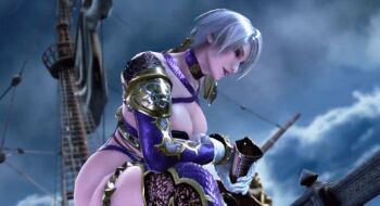 1girl 3d animated animated_gif breasts cleavage female_focus game_screenshot holding holding_sword holding_weapon isabella_valentine large_breasts namco revealing_clothes solo soul_calibur soulcalibur soulcalibur_vi sword thighs weapon