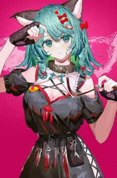 1girl adjusting_hair animal_ears aqua_eyes aqua_hair aqua_nails bare_shoulders belt black_belt black_dress black_gloves bow braid breasts cat_ears cleavage cleavage_cutout clothing_cutout collar cowboy_shot dress enj! fingerless_gloves gauze gauze_on_cheek gloves hair_bow hair_ornament hands_up heart heart_hair_ornament highres holding holding_leash kamitsubaki_studio large_breasts leash looking_at_viewer nail_polish pink_background red_bow scissors sinsekai_record solo tassel valis_(sinsekai) vitte_(valis)