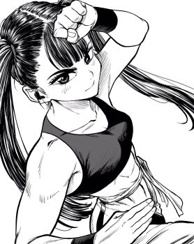 Rule 34 | 1girl, abs, breasts, clenched hand, commentary request, fighting stance, from above, greyscale, hatching (texture), highres, kung fu, lee (dragon garou), long hair, medium breasts, midriff, monochrome, original, smile, solo, sports bra, standing, standing on one leg, toned, toned female, twintails, wristband