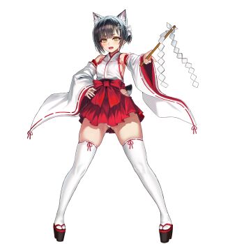 1girl animal_ear_fluff animal_ears armpit_peek black_hair bob_cut breasts cameltoe clothing_cutout detached_sleeves fang full_body fundoshi game_cg geta gluteal_fold gohei hair_ornament hairclip hakama hakama_short_skirt hakama_skirt hand_on_own_hip highres hip_vent holding holding_gohei japanese_clothes last_origin looking_at_viewer medium_breasts miniskirt nontraditional_miko official_alternate_costume official_art open_mouth platform_clogs red_ribbon red_skirt ribbon ribbon-trimmed_legwear ribbon_hair ribbon_trim short_hair sideboob simple_background skindentation skirt slit_pupils solo standing tabi tachi-e taesi thick_eyebrows thighhighs transparent_background vargr_(last_origin) white_ribbon white_thighhighs wolf_ears yellow_eyes zettai_ryouiki