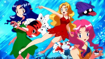 1990s_(style) 3girls black_eyes blonde_hair blue_bow blue_eyes blue_hair bow breasts brown_eyes closed_mouth commentary_request daisy_(pokemon) dress eyelashes faux_retro_artstyle fish flower gen_1_pokemon goldeen green_dress hair_flower hair_ornament highres holding holding_poke_ball horns lily_(pokemon) long_hair medium_hair multiple_girls nintendo open_mouth pink_hair poke_ball poke_ball_(basic) pokemon pokemon_(anime) pokemon_(classic_anime) pokemon_(creature) red_dress retro_artstyle seaking shellder siblings single_horn sisters sleeveless sleeveless_dress tekken_papiyon tongue tongue_out violet_(pokemon) white_flower