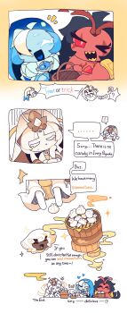 Rule 34 | 1girl, 1other, 2boys, absurdres, black hair, blue hair, blue skin, burning spice cookie, chinese clothes, cloud haetae cookie, colored skin, cookie run, cookie run: kingdom, diamond (gemstone), highres, long hair, long sleeves, multiple boys, mystic flour cookie, pale skin, red skin, robe, shadow milk cookie, traffic-mo4, veil, white hair, white robe, white veil, wide sleeves