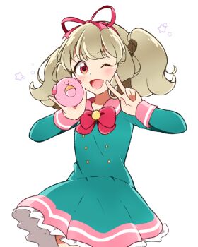1girl :d ;d aikatsu!_(series) aikatsu_on_parade! bow bowtie brown_hair commentary_request dress green_dress hair_ribbon hands_up highres kiseki_raki long_hair long_sleeves looking_at_viewer mijumaruko one_eye_closed open_mouth pink_sailor_collar red_bow red_bowtie red_eyes red_ribbon ribbon sailor_collar school_uniform short_dress sidelocks simple_background smile solo star_harmony_academy_school_uniform twintails v white_background