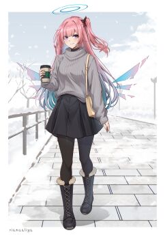 1girl absurdres alternate_costume ambriel_(arknights) arknights artist_name bag bare_tree black_boots black_choker black_pantyhose black_skirt blue_hair blue_halo boots border brick_road choker closed_mouth commentary commission cup disposable_coffee_cup disposable_cup english_commentary full_body fur-trimmed_boots fur_trim gradient_hair gradient_wings grey_sweater halo hand_up highres holding holding_cup lace-up_boots lamppost legs_apart long_hair long_sleeves looking_at_viewer multicolored_hair multicolored_wings mydeviant one_side_up outdoors pantyhose pink_hair pixiv_commission pleated_skirt purple_eyes shadow shoulder_bag skirt sleeves_past_wrists smile snow snowing solo sweater tree walking white_border wings yellow_bag