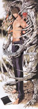 absurdres apple barefoot bone brown_hair death_note death_note_(object) food fruit highres holding holding_food holding_fruit long_bangs male_focus obata_takeshi official_art open_fly open_pants pants skeleton topless_male yagami_light