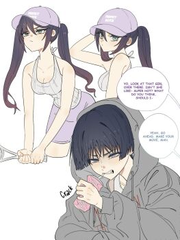 1boy 1girl alternate_costume arm_at_side arm_behind_head baseball_cap bent_over black_hair blunt_bangs blunt_ends breasts can casual cleavage clenched_hand clenched_teeth closed_mouth collarbone commentary contemporary crushing drawstring drink_can drinking_straw english_commentary english_text fingernails genshin_impact gradient_hair grey_eyes grey_hood grey_hoodie grey_sleeves hair_between_eyes hat highres holding holding_racket hood hood_up hoodie jealous large_breasts long_hair long_sleeves looking_at_viewer looking_up mona_(genshin_impact) multicolored_hair peaked_cap pink_hair pink_hat pink_shorts racket scaramouche_(genshin_impact) shirt shorts sleeveless sleeveless_shirt soda_can speech_bubble teeth tennis_racket twintails undershirt white_shirt wispy_bangs ysnden