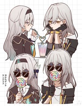 2girls black_coat black_gloves black_hairband candy coat crazy_straw drinking_straw firefly_(honkai:_star_rail) food gloves grey_eyes grey_hair grid_background hairband head_rest heart_straw hive328 holding holding_candy holding_food holding_lollipop honkai:_star_rail honkai_(series) lollipop long_hair multiple_girls multiple_views shared_drink shirt stelle_(honkai:_star_rail) sunglasses trailblazer_(honkai:_star_rail) translation_request twitter_username white_shirt yellow_eyes yuri
