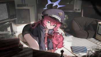 1girl arm_support armband barefoot bent_over black_coat black_shirt black_skirt blue_archive blue_eyes blue_halo book breasts chair chess_piece cleavage coat collared_shirt commentary crossed_bangs crt english_commentary full_body greedice grey_eyes hair_between_eyes halo hat head_tilt highres indoors iroha_(blue_archive) kneeling light_blush long_hair long_sleeves looking_at_viewer messy_hair military_hat miniskirt necktie paper peaked_cap red_armband red_hair red_necktie rook_(chess) safety_pin shirt skirt small_breasts smile solo static television