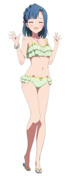 1girl :d asymmetrical_bangs bikini blunt_bangs blush bracelet braid breasts cl_(h-sys.) cleavage closed_eyes collarbone dot_nose eyelashes flip-flops forehead frilled_bikini frills full_body green_bikini groin hands_up highres idolmaster idolmaster_million_live! idolmaster_million_live!_theater_days jewelry knees_together_feet_apart medium_hair nanao_yuriko navel necklace open_hands open_mouth parted_bangs pearl_bracelet pearl_necklace ribbon sandals simple_background single_sidelock small_breasts smile solo standing swimsuit white_background yellow_ribbon