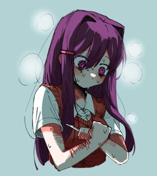 1girl @_@ bags_under_eyes breath brown_vest clenched_hand collared_shirt curtained_hair doki_doki_literature_club hair_between_eyes hair_ornament hairclip hashtag-only_commentary highres holding holding_knife knife long_hair long_sidelocks purple_hair self-harm shirt sidelocks solo sweat t-shirt ting_mong upper_body very_long_hair vest white_shirt wrist_cutting yuri_(doki_doki_literature_club)