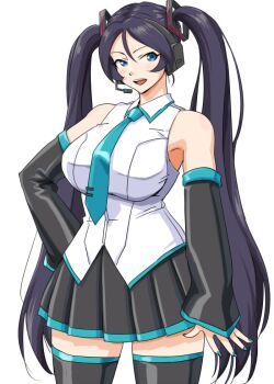 Rule 34 | 1girl, alternate breast size (larger), alternate costume, anbj, aqua necktie, black hair, black thighhighs, blue nails, breasts, commentary request, detached sleeves, hatsune miku, headset, idolmaster, idolmaster cinderella girls, large breasts, necktie, pleated skirt, shirt, skirt, sleeveless, sleeveless shirt, sugisaka umi, thighhighs, twintails, white background, zettai ryouiki