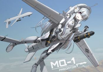 1girl absurdres airplane_wing artificial_eye bodysuit bomb breasts covered_navel explosive grey_bodysuit grey_eyes grey_hair headgear highres long_hair mecha_musume mechanical_eye mq-1_predator original personification small_breasts teisei_misagi unmanned_aerial_vehicle very_long_hair