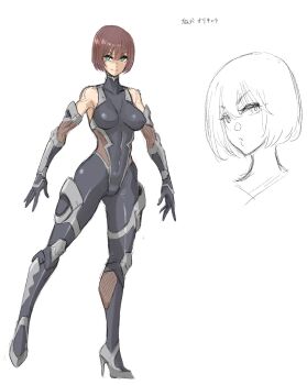 1girl armor blonde_hair bodysuit boots breasts brown_hair character_request curvy fishnets full_body gloves green_eyes grey_bodysuit high_heels highres impossible_bodysuit impossible_clothes long_hair looking_at_viewer medium_breasts revealing_clothes shindol shiny_clothes short_hair skin_tight smile taimanin_(series) taimanin_suit translation_request white_background wide_hips