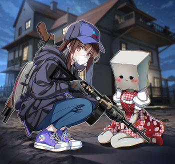 Rule 34 | 2girls, android, backpack, bag, bag over head, baseball cap, black gloves, blue pants, blurry, blurry background, blush, brown eyes, brown hair, building, chinese commentary, commentary request, covered mouth, denim, depth of field, dress, gloves, grey hoodie, grey outline, gun, hat, holding, holding gun, holding weapon, hood, hood down, hoodie, house, jeans, long hair, long sleeves, looking at viewer, looking to the side, mary janes, mask, mouth mask, multiple girls, night, nyoro (nyoronyoro000), on ground, original, outline, pants, paper bag, polka dot, polka dot dress, purple eyes, purple shoes, red dress, red shoes, rifle, serious, shoes, short sleeves, sitting, sneakers, squatting, straight hair, turning head, v-shaped eyebrows, wariza, weapon, weapon request, white sleeves