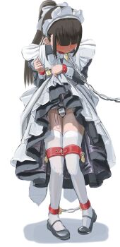 1girl apron bdsm blush bondage bound brown_hair chain chain_leash chained_ankles chained_wrists chastity_belt clothes_lift collar cuffs dress dress_lift female_focus frills hobble itou_tatsuya leash lock loli long_hair maid maid_headdress original padlock ponytail sex_toy slave solo thigh_bands thighhighs vibrator vibrator_under_clothes white_thighhighs