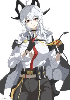 1girl ahoge akaze07 black_choker black_horns black_jacket black_pants breasts button_gap cheese cheese_trail chest_harness choker closed_mouth collared_shirt commentary cowboy_shot curled_horns earrings english_commentary food harness highres holding holding_food holding_pizza horns jacket jacket_on_shoulders jewelry key_earrings large_breasts long_hair looking_at_viewer necktie pants pizza red_eyes red_necktie shirt shirt_tucked_in simple_background solo v white_background white_hair white_shirt wuthering_waves zani_(wuthering_waves)
